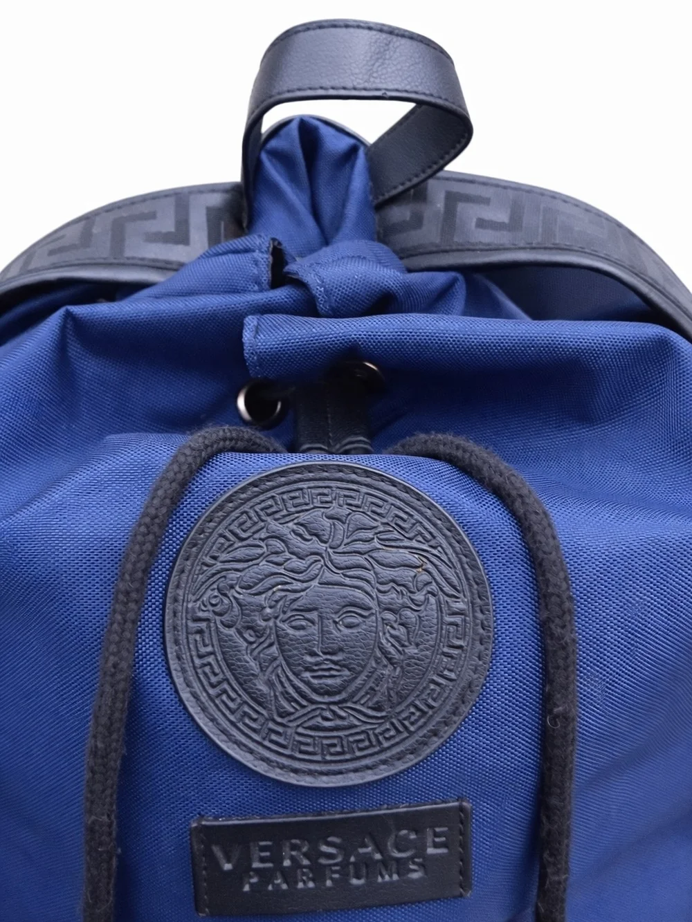 Versace Blue and Black Canvas & Leather Drawstring Backpack